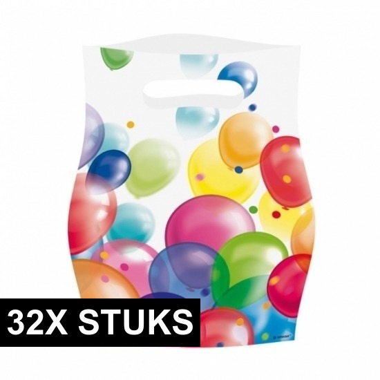 32x Uitdeelzakjes met ballonnen opdruk plastic 16x23cm