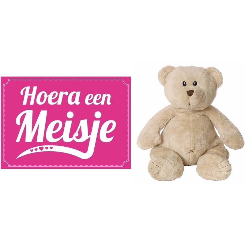 Happy Horse bruine beren knuffels + geboortekaartje Hoera een meisje roze