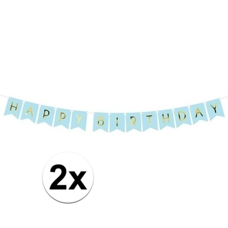 2x Light blue party guirlande Happy Birthday 1,75 meter
