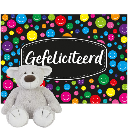Happy Horse plush grey bear Baggio cuddle toy 22 cm with Gefeliciteerd A5 postcard