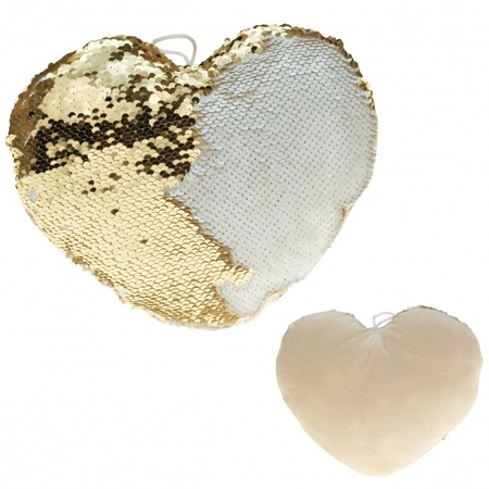 Woondecoratie hartjes kussens goud/creme metallic met pailletten 30 cm